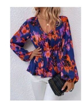 LIKE NEW EMERY ROSE Allover Print Lantern Sleeve Peplum Blouse - Sz Large